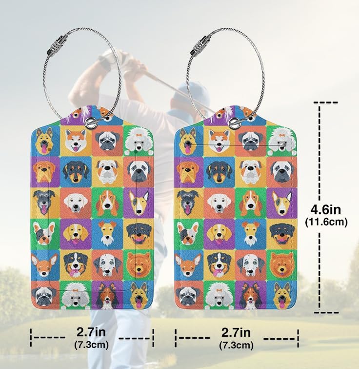 2 Pack Luggage Tags for suitcases Funny Cute Color Dog Luggage Tag, Leather Stainless Steel Loop Label Tag for Men Women Travel Bag Suitcase(Dog)
