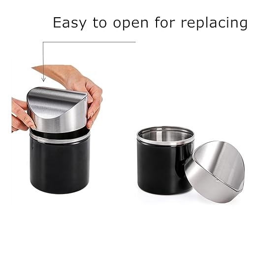 2 Pack Mini Trash Can for Desk, Swing Lid Brushed Stainless Steel Countertop Garbage Bin, Modern Tiny Waste Basket for Vanity, Makeup Tabletop, Office Desk, Coffee Table
