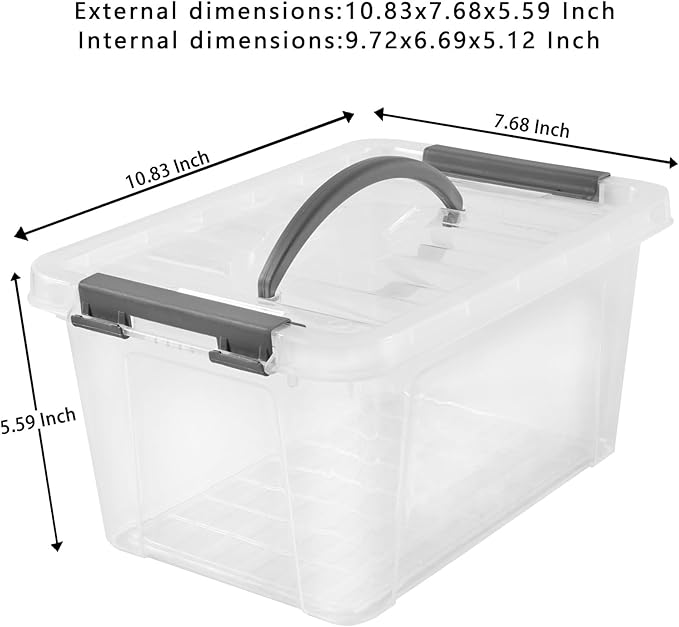 6 Quart Plastic Stackable Storage Latch Bins,Clear Latching Box with Handle and Lid,Pack of 6 (Grey Handle)