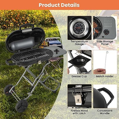 Giantex Portable Propane Gas Grill with 15,000 BTUs Burner, Side Table, 2 Wheels, Grease Tray, Metal Frame, Folding Stand-Up Propane Gas Grill for Outdoor Cooking Camping Barbecue (Black)