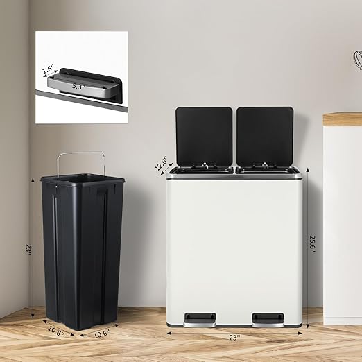 16 Gallon Rectangular Stainless Steel Trash Can, Dual Compartment Garbage Bin with Recycling Combo, Metal Dustbin Lid, Removable Liner, Indoor Hands Free Waste Bucket for Kitchen Home