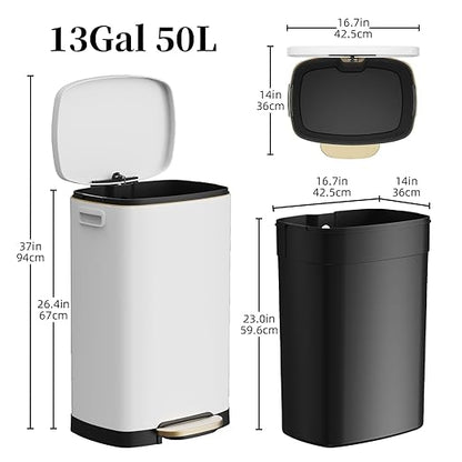 13 Gallon Trash Can with Lid, 50L Fingerprint Proof Stainless Steel Kitchen Trash Can with Removable Inner Bucket and Lid Soft Close, Pedal Rubbish Bin for Home Office, White