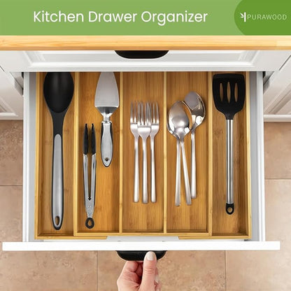 Purawood Kitchen Drawer Organizer - Expandable Utensil Drawer Organizer for Kitchen, Cutlery Tray & Silverware Organizer, 3-5 Slots - Bamboo Organizer for Utensils & Flatware (Natural)
