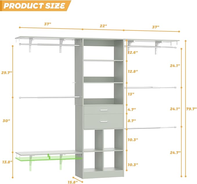Closet System - 4.75-8FT Closet Organizer System with Wooden Drawers & Cube Storage Organizer, Up To 96" Closet Systems for Nursery & Walk-In Closets with Cuttable Hanging Shelving, Crab Green
