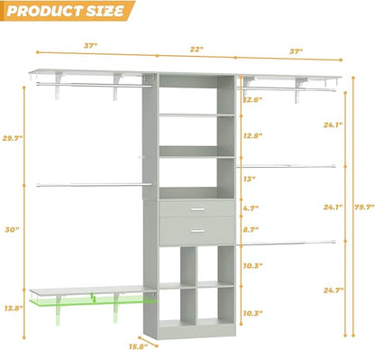 Closet System - 4.75-8FT Closet Organizer System with Wooden Drawers & Cube Storage Organizer, Up To 96" Closet Systems for Nursery & Walk-In Closets with Cuttable Hanging Shelving, Crab Green