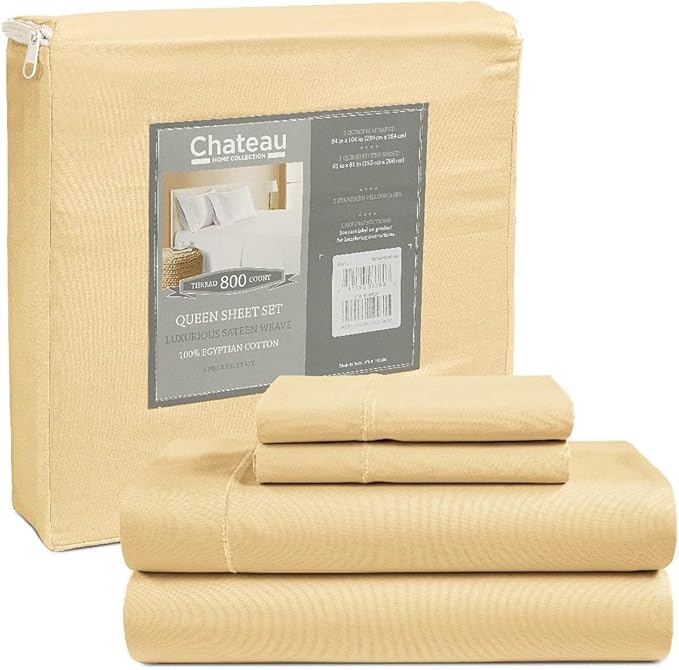 100% Cotton Sheets For King Size Bed, 800 Thread Count Breathable Bed Sheets, Soft & Comfy Naturally Cool Fully Elassticated Sheet & Pillowcase Sets, Machine Washable No Pill Fade Resistant- Semolina