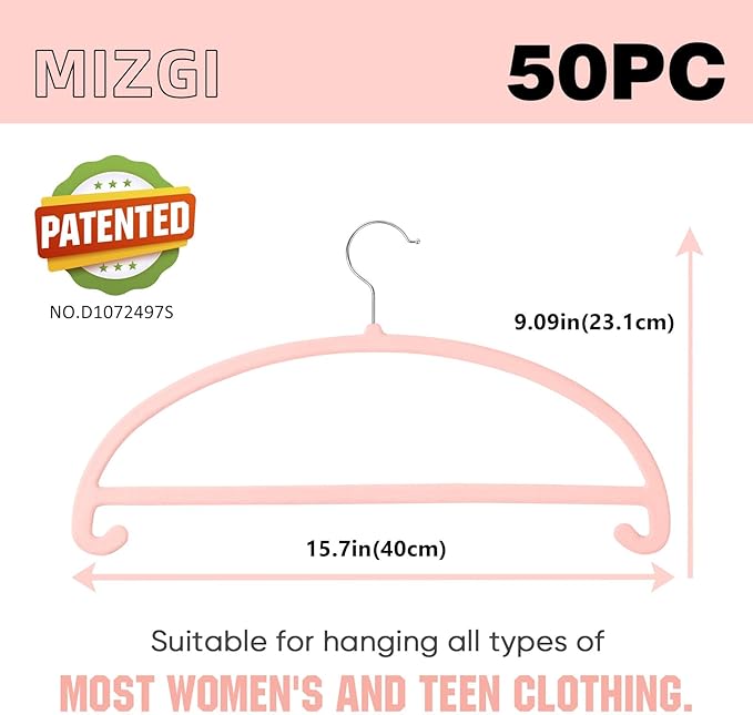 MIZGI 50 Pack Blush Pink Velvet Hangers - No Shoulder Bumps, Heavy Duty Non-Slip Chrome Hooks for Jackets, Coats, Pants