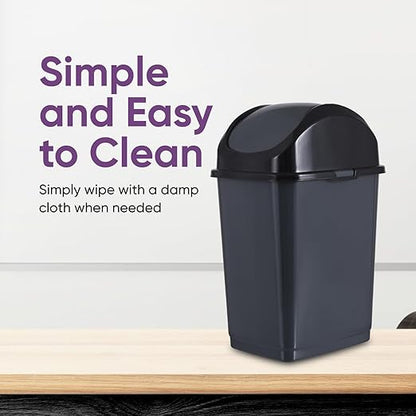 Superio Small 2.5 Gallon Plastic Trash Can with Swing Top Lid, Compact, Slim Waste Bin for Under Desk, Office, Bedroom, Bathroom, Dorm Room, 10 Qt. Portable Garbage Can (Dark Gray, 2