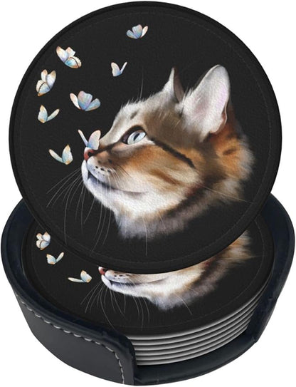 6 Pcs Portrait Cat with Butterflies Leather Coasters