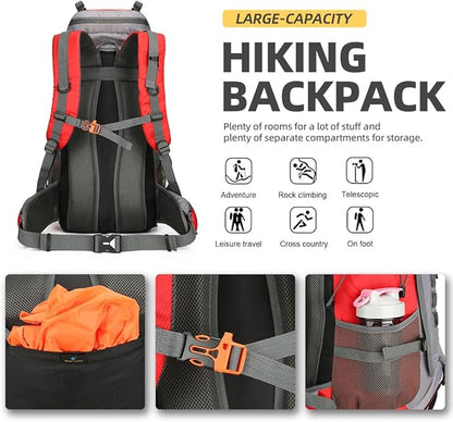 King'sGuard 60L Hiking Backpack Lightweight Camping Backpack with Rain Cover Large Waterproof Packable Outdoor Trekking Travel Backpack for Men Women (Red)