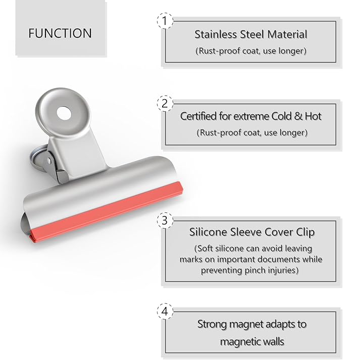 HOUSE AGAIN 12 Pack Stainless Steel Chip Bag Clips Covered with Silicone NO More Sharp Edges, Bulldog Clips for Food Bags Air Tight Seal, Heavy Duty Binder Paper Clips for Kitchen and Office, 3 Inches