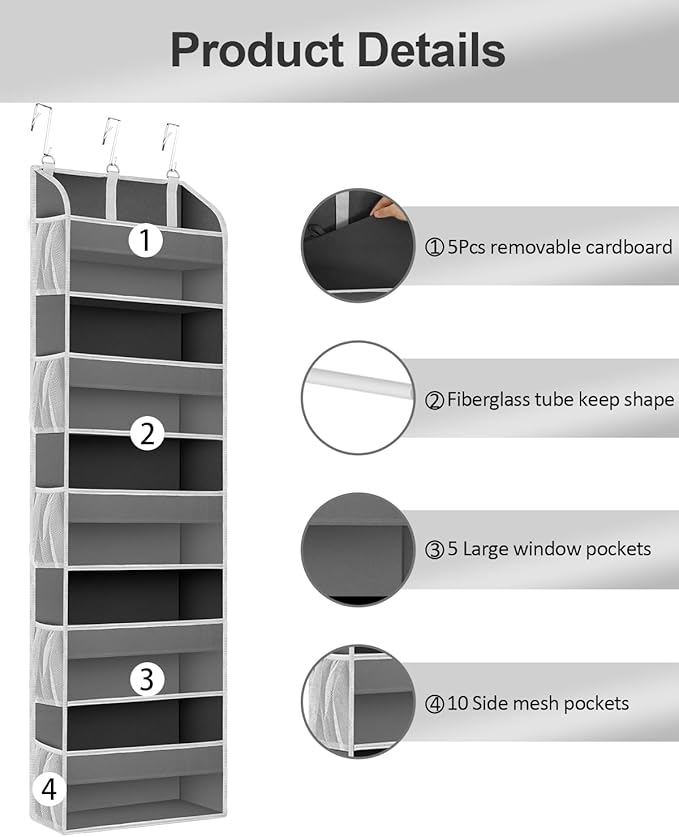 2 Pack Over The Door Storage Organizer with 5 Pockets 10 Mesh Side Pockets, 44 lbs Weight Capacity Door Hanging Organizers and Storage for Bedroom,Bathroom,Nursery,Pantry,Dorm(Dark Gray)