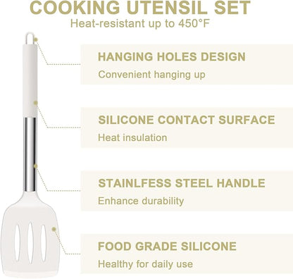 E-far Silicone Cooking Utensils Set, 7 Pcs Heat Resistant Kitchen Utensils with Stainless Steel Handle, Slotted Turner, Spoon, Soup Ladle, Pasta Server, Skimmer, Tongs for Nonstick Cookware, White