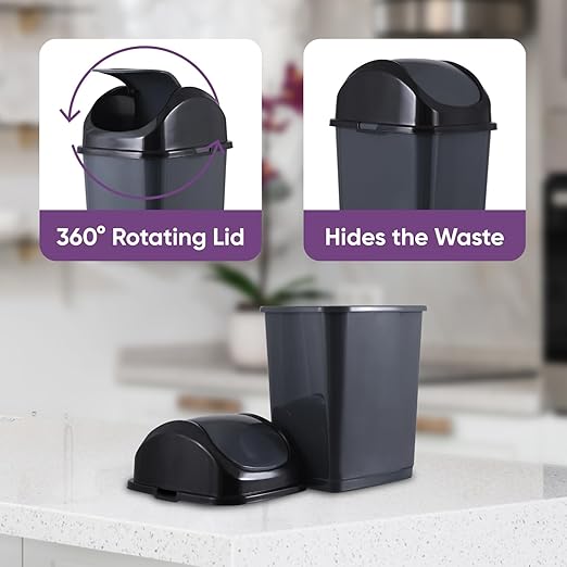 Superio Small 2.5 Gallon Plastic Trash Can with Swing Top Lid, Compact, Slim Waste Bin for Under Desk, Office, Bedroom, Bathroom, Dorm Room, 10 Qt. Portable Garbage Can (Dark Gray, 2