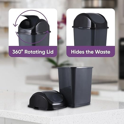 Superio Small 2.5 Gallon Plastic Trash Can with Swing Top Lid, Compact, Slim Waste Bin for Under Desk, Office, Bedroom, Bathroom, Dorm Room, 10 Qt. Portable Garbage Can (Dark Gray, 2