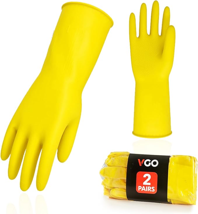 Vgo... 2-Pairs Reusable Household Gloves, Rubber Dishwashing gloves, Extra Thickness, Long Sleeves, Kitchen Cleaning, Working, Painting, Gardening, Pet Care (Size M, Yellow, HH4601)