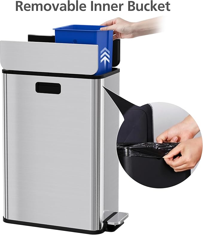 2 x 7.4 Gal (2 x 28L) Slim Trash Can, Stainless Steel Dual Compartment Step-On Recycling Bin with Butterfly Lids & Removable Plastic Inner Buckets for Kitchen, Home, Office