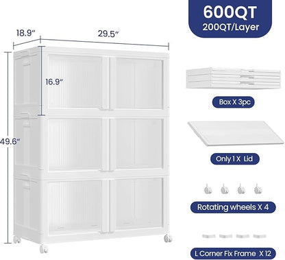 150GAL Large Stackable Storage Bins with Lid and Wheels, 600Qt Collapsible Organizer Cabinet with Clear Door, for Closet, Bedroom, Kitchen, Garage, 3-Pack White