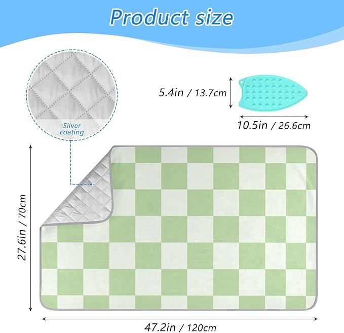 Checkered Mint Green White Plaid Ironing Mat for Table top Portable Ironing Pad Blanket for Washer Dryer Countertop Travel