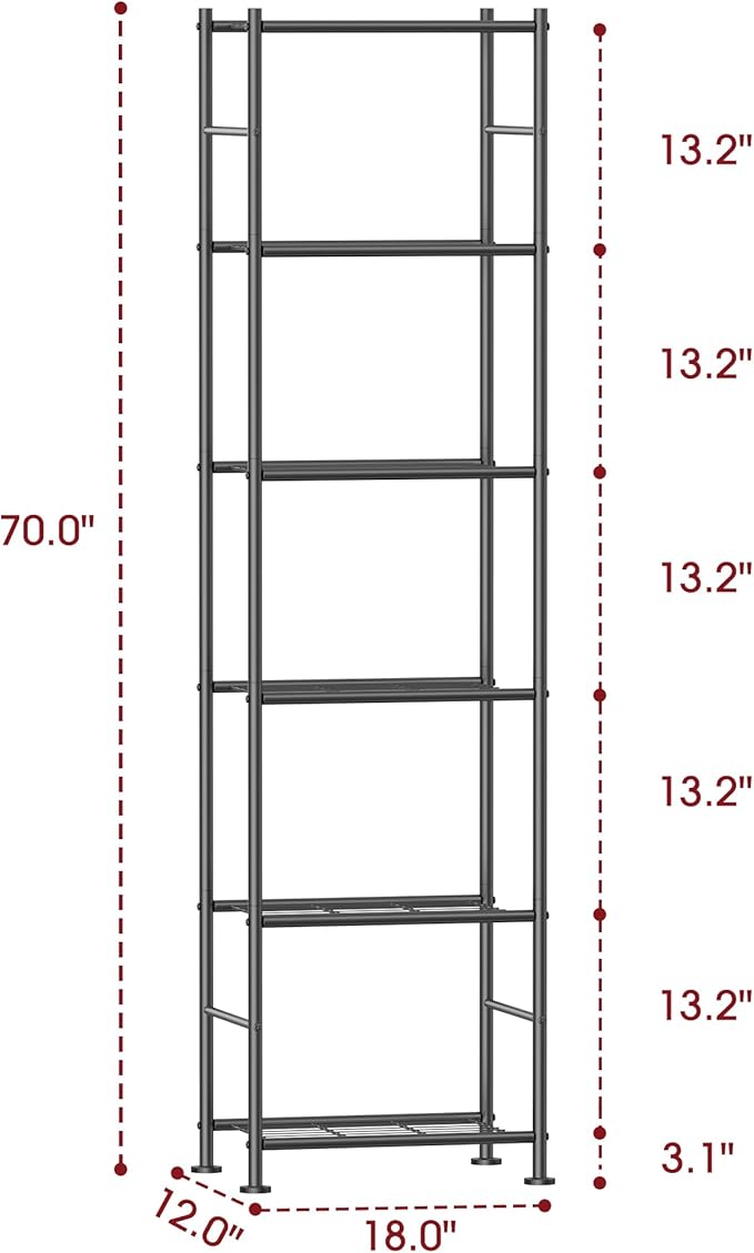 Storage Shelves - 6 Tier Shelf Organizer, Sturdy Metal Garage Shelving with Adjustable Leveling Feet, Space-Saving Shelves Organizer for Pantry, Laundry, Kitchen (18" x 12" x 70", Black)