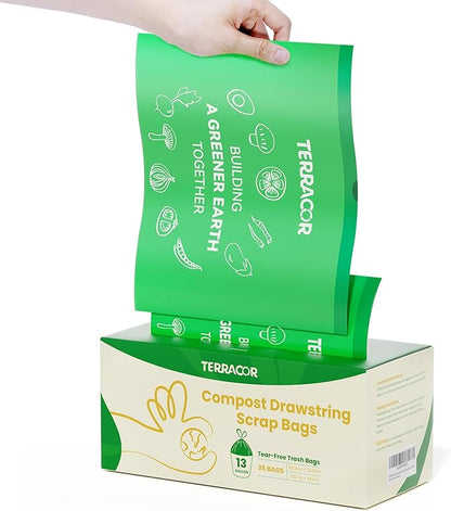 13 Gallon Compostable Trash Bags Liners Drawstring, Heavy Duty Extra Thick 1 Mil, 49.21 Liter, 35 Bags, Tall Kitchen Food Scrap Waste Bag, ASTM D6400