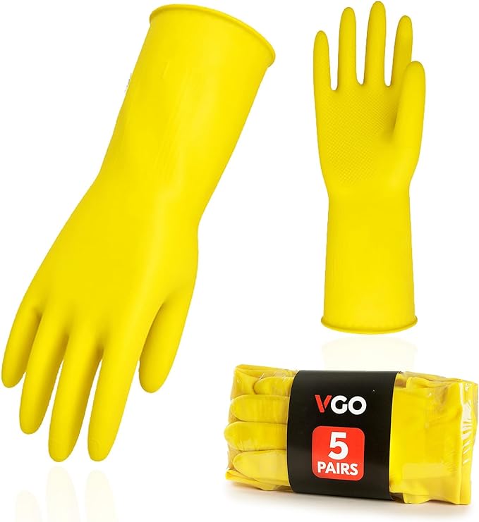 Vgo... 5-Pairs Reusable Household Gloves, Rubber Dishwashing gloves, Extra Thickness, Long Sleeves, Kitchen Cleaning, Working, Painting, Gardening, Pet Care (Size XL, Yellow, HH4601)