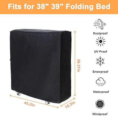 Rollaway Bed Cover 39.5"x15.5"x45.2" Dustproof and Waterproof Folding Bed Storage Cover Large Camping Cots Cover, Easy on and Off, Black