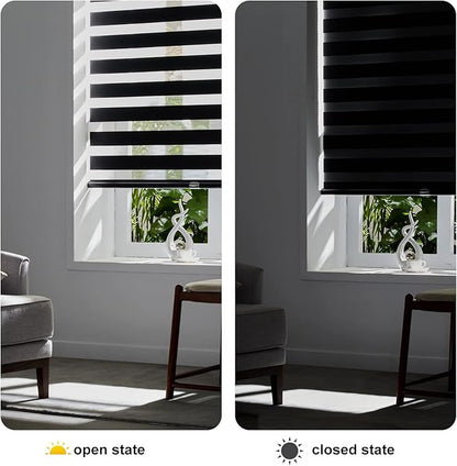 Persilux Cordless Zebra Blinds for Windows Free-Stop Roller Windows Shades (34" W X 72" H, Black) Dual Layer Light Control for Day and Night, Light Filtering Sheer Shades for Home, Easy to Install