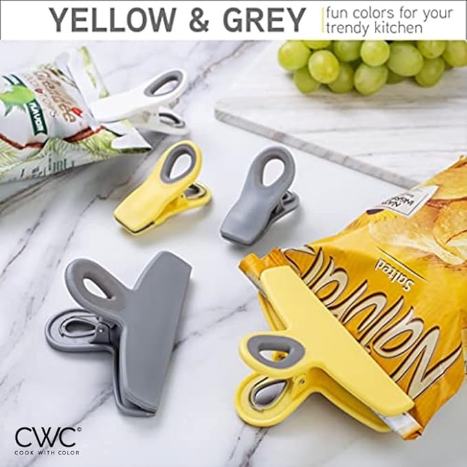 COOK WITH COLOR Bag Clips - Heavy Duty Chip Clip & Refrigerator Magnet for Food Storage with Air Tight Seal Grip, Yellow & Grey, 2 Large & 16 Small