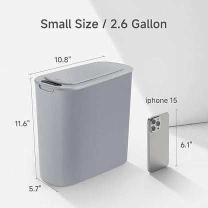 Automatic Motion Sensor Bathroom Trash Can with Lid, 2.6 Gallon Touchless Trash Bin, Smart Garbage Can Plastic Slim Wastebasket for Bedroom, Office, Dorm (Grey)