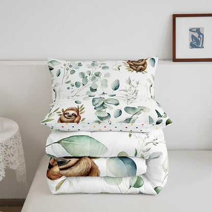 Erosebridal Girls Kawaii Animal Full Comforter Set Cute Sloth Bedding Set Full, Cartoon Wildlife Bedding Comforter Sets Green Leaf Duvet Set, Spring Plant Quilted Comforter Child Kids Bedroom Decor