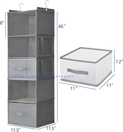 5-Tier Hanging Organizer for Closet, Fabric Closet Organizer with 2 Hooks, 2 Pull-Out Drawers, Foldable Space-Saving Storage (Gray)