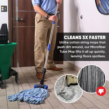 Commercial Mop Head Replacement – 1 Pack Blue Medium Microfiber Tube Mop (14 oz.) | Industrial Wet Mops | Refill Heads, Machine Washable, Heavy Duty | Hardwood, Tile, Laminate, Vinyl Floors