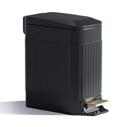 CEROELDA Small Bathroom Trash Can with Lid Soft Close-5L/1.3 Gal Slim Garbage Can-Metal Step Wastebasket-Rectangle Narrow Waste Bin for Office, Bedroom, Toilet, Live Room (Embossed-Black)
