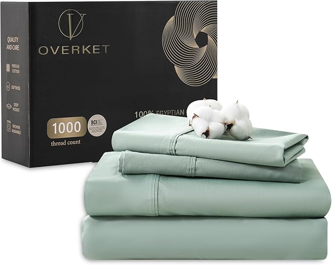 100% Egyptian Cotton Sheets King Size 1000 Thread Count Sateen Weave Soft Breathable 16-Inch Deep Pocket 4PCS（King,Sage Green）