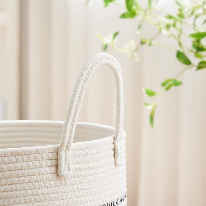 VIPOSCO Large Laundry Hamper, Tall Woven Rope Storage Basket for Blanket, Toys, Dirty Clothes in Living Room, Bathroom, Bedroom - 53L Stripe White