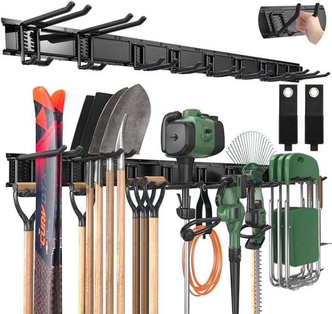 LBT 66" Garage Tool Organizer Wall Mount - 720lbs Garden Tool Organizer with Adjustable Hooks, Heavy Duty Metal Garage Storage Rack, Anti-Rust Shed Rack Holder Hanging Rake Broom Mower Snowboard