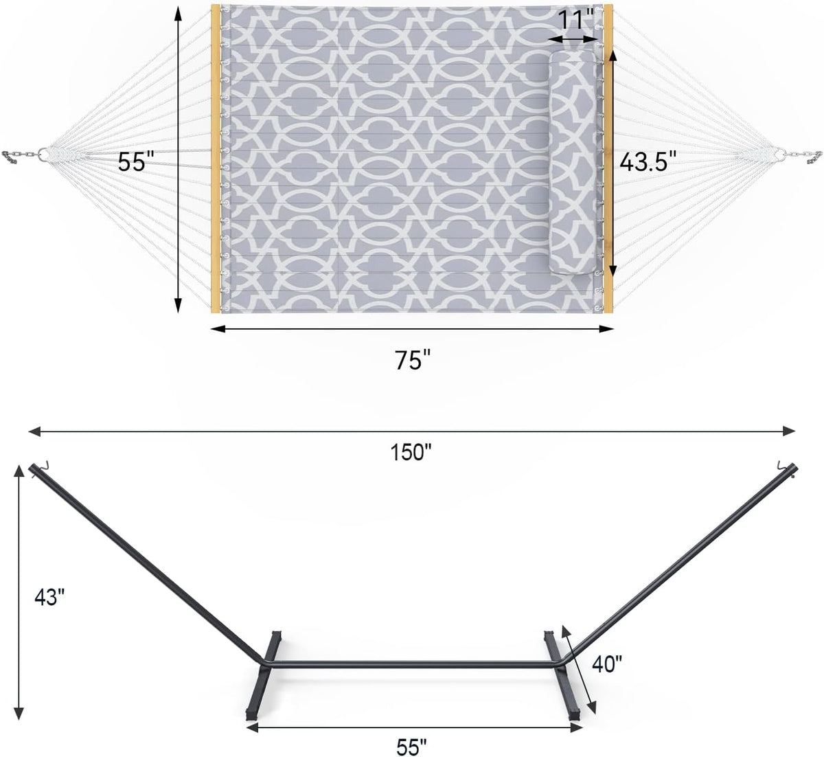 2 Person Outdoor Hammock with Stand, Cotton Rope Hammock with Polyester Pad, Adjustable Steel Frame, Portable with Carrying Bag – for Patio, Backyard, Garden, Beach, White-Gray