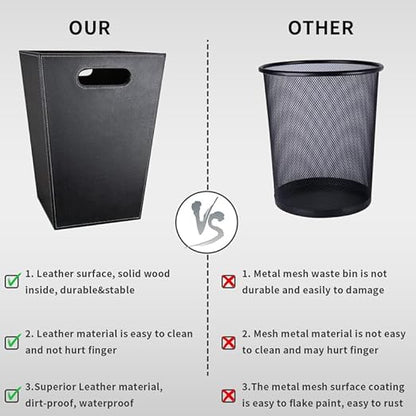 Pu Leather Trash Can for Bedroom, 16L/4.2 Gallon Office Wastebasket with Handles for Near Desk, Black Bathroom Garbage Cans for Home Decorative, Square Waste Basket Bin for Dorm Easy to Clean