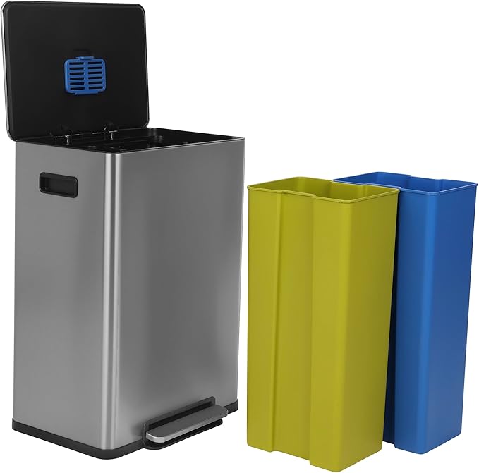 Simpli-Magic 16 Gallon (60L) Step Trash Can – Dual Compartment Kitchen Garbage Can – Waste & Recycling Bins, Slow-Close Lid, Odor Control, Hands-Free, Easy to Clean, Infinity Edge Stainless Steel