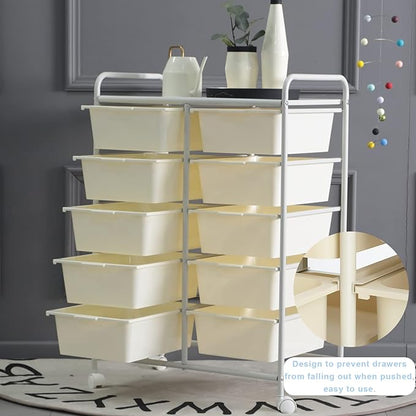 Rolling Cart with 10 Drawers, Plastic Drawer Cart with Metal Frame, Multipurpose Art Craft Cart Organizer with Wheels, Utility Cart with Drawers for Home, Office, School, White