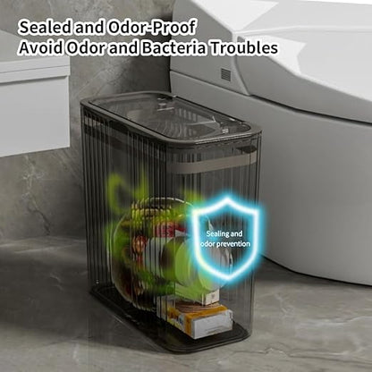 Transparent Trash Can, Bathroom Trash Cans with Lids, 3.5 Gallon Garbage Can for Bedroom, Office, Plastic Slim Waste Basket with Press Top Lid, 15L Clear Trash Bin for Home, Kitchen (Gray)