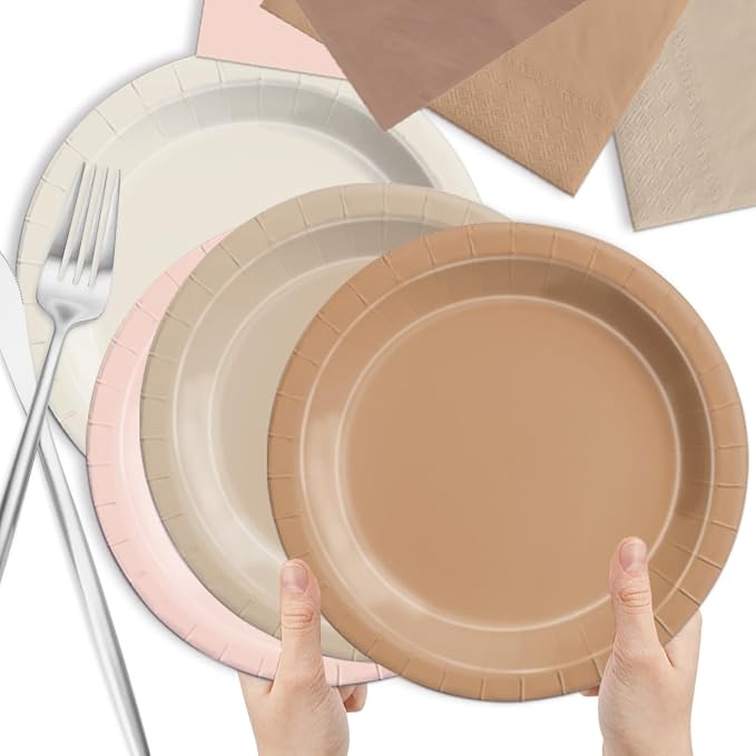 CMUSKO Boho Baby Shower Decorations-150Pcs Gradient Brown Plates and Napkins
