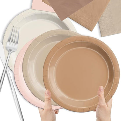 CMUSKO Boho Baby Shower Decorations-150Pcs Gradient Brown Plates and Napkins