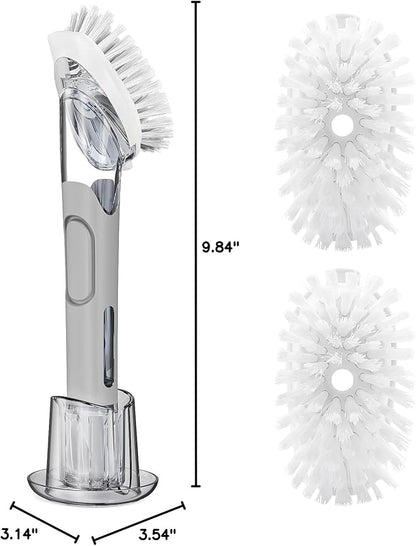 Soap Dispensing Replacement Dish Brush Storage Set with 2 PCS Brush Refills & Holder - RIMAY Dispenser Scrub Cleaning Scrubber Kitchen Dishwashing Dish Wand Handle for Dishes/Pans/Pots/Sink(Grey)