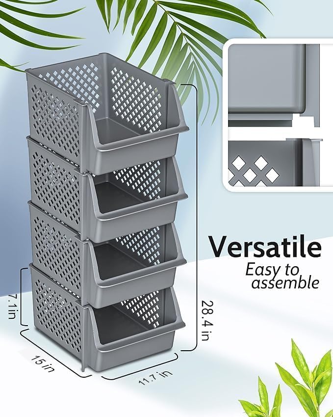 Skywin Plastic Stackable Storage Bins for Pantry - 12 Pack Stackable Bins For Organizing Food, Kitchen, and Bathroom Essentials (Light Grey)