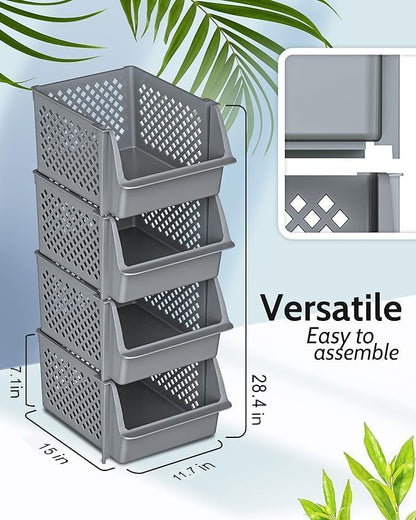 Skywin Plastic Stackable Storage Bins for Pantry - 12 Pack Stackable Bins For Organizing Food, Kitchen, and Bathroom Essentials (Light Grey)