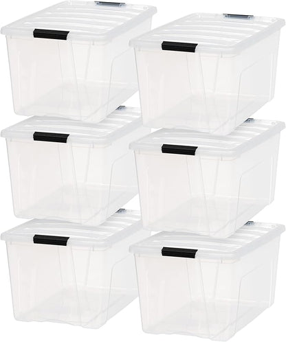 IRIS USA 72 Qt Stackable Plastic Storage Bins with Lids, 6 Pack - BPA-Free, Made in USA - See-Through Organizing Solution, Latches, Durable Nestable Containers, Secure Pull Handle - Clear