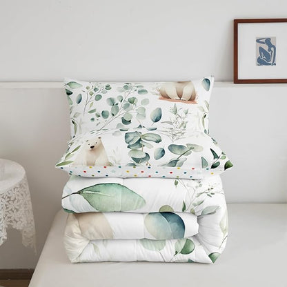 Erosebridal Boys Cartoon Animal King Bedding Sets for Kids Toddler Kawaii Polar Bear Comforter Set, Arctic Wildlife Duvet Insert White Green Down Comforter, Botanical Eucalyptus Bedding Comforter Sets
