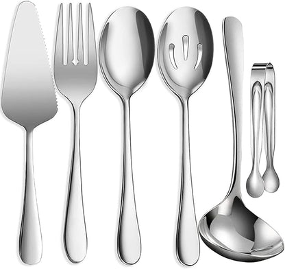 6 PCS Stainless Steel Serving Utensils, Large Serving Spoons Slotted Spoons, Forks, Ice Suger Tongs, Cake Server, Soup Ladle, Metal Utensils Set Great for Buffet Catering Banquet Party, Silver